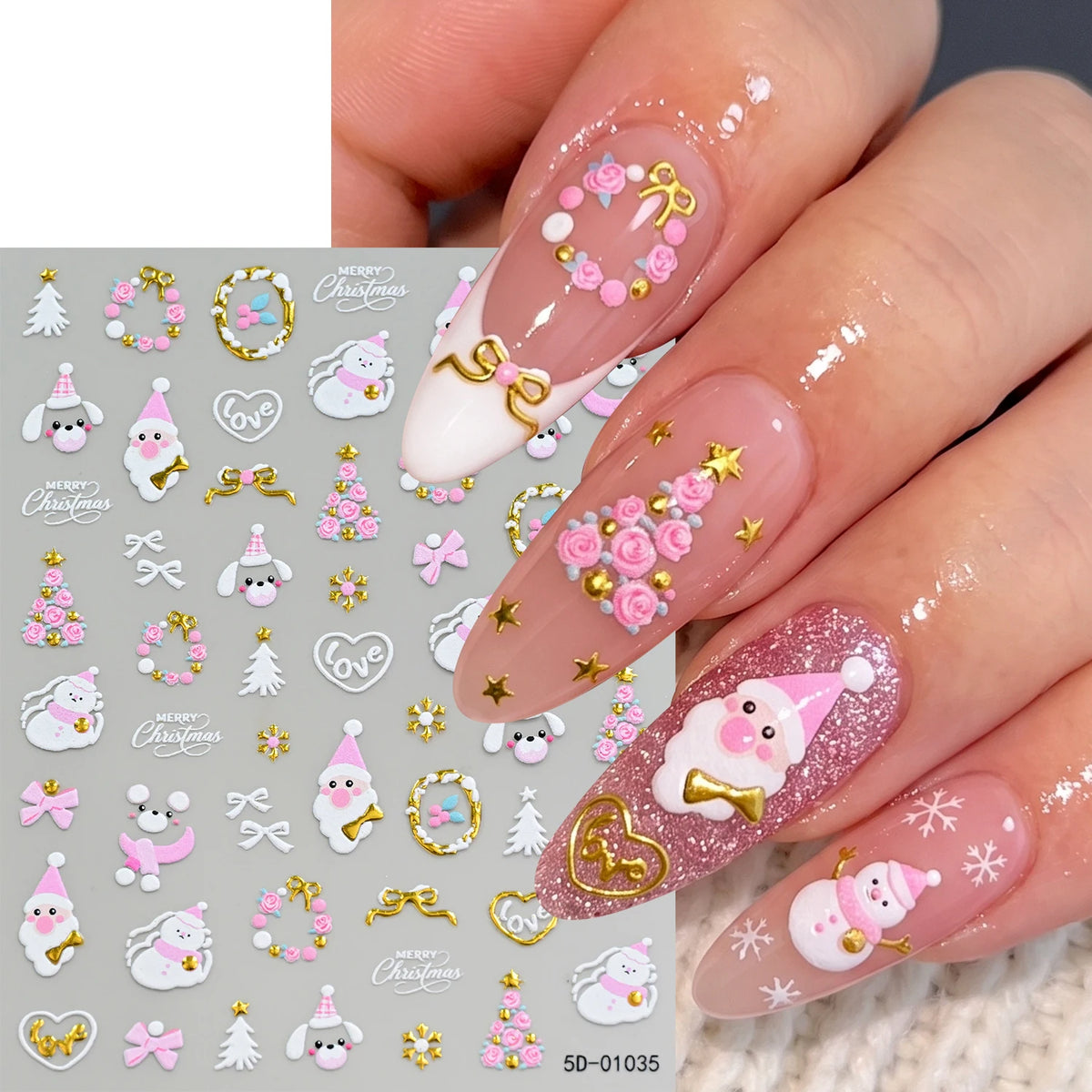 1pcs Gold-foiled Christmas Tree 5D Nail Stickers Bow Holly Snowflake Wreath Christmas Nail Decals Cartoon Merry Christmas Decora