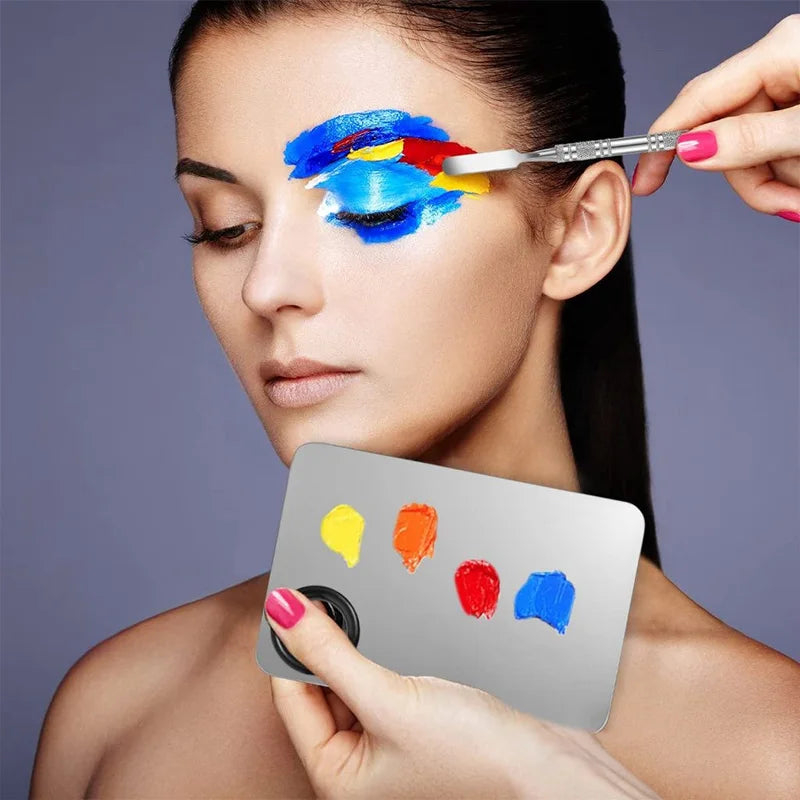 Stainless Steel Makeup Mixing Palette with Foundatio Spatula for Watercolor Paints Eye Shadow Sticks Makeup Cosmetic Beauty Tool
