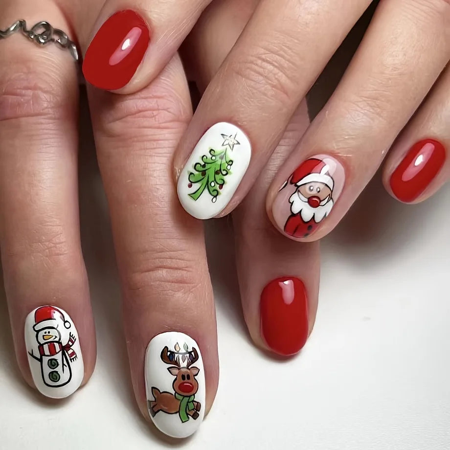 24Pcs/set Christmas Press on Nails Mid-length Square False Nails Snowman Pattern Wearable Fake Nail Art Uñas Накладные Ногти 네일팁