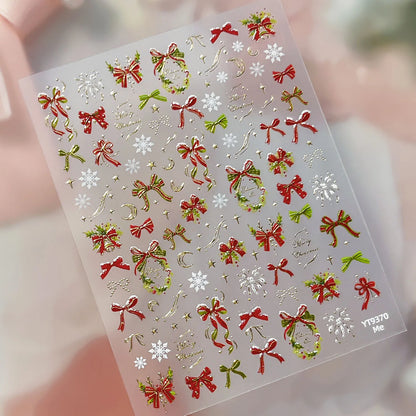 2026 New 5D Embossed Garland/Christmas Tree Nail Stickers White Snowflakes Bow Star Nail Decals Self-Adhesive Xmas Nail Decor