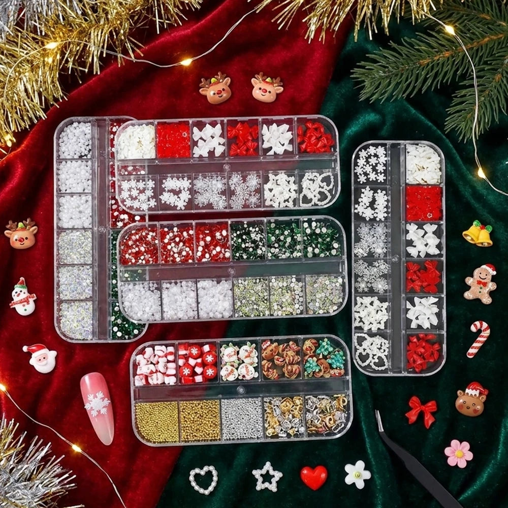 4Box/Set Christmas 3D Nail Charms Assorted Resin Figures Snowflake Bow Pearl Rhinestone Beads For Home Salon Holiday Art Making