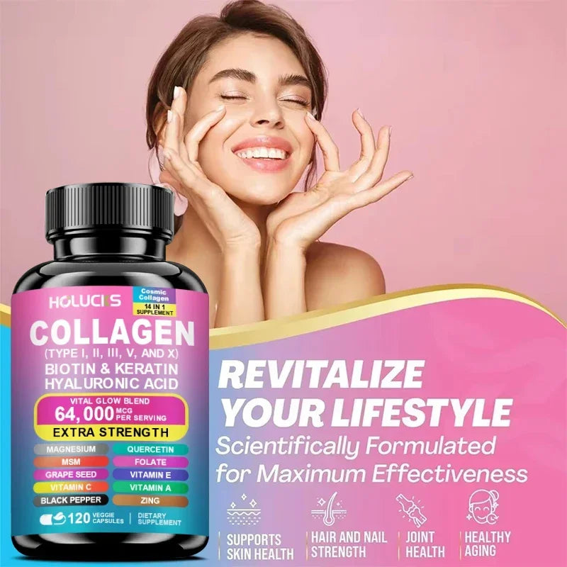 Collagen Capsules with Vitamin A C E Biotin, Support Skin Nail Joint Health, Hair Growth, Anti Aging, Firming, Whitening, Energy
