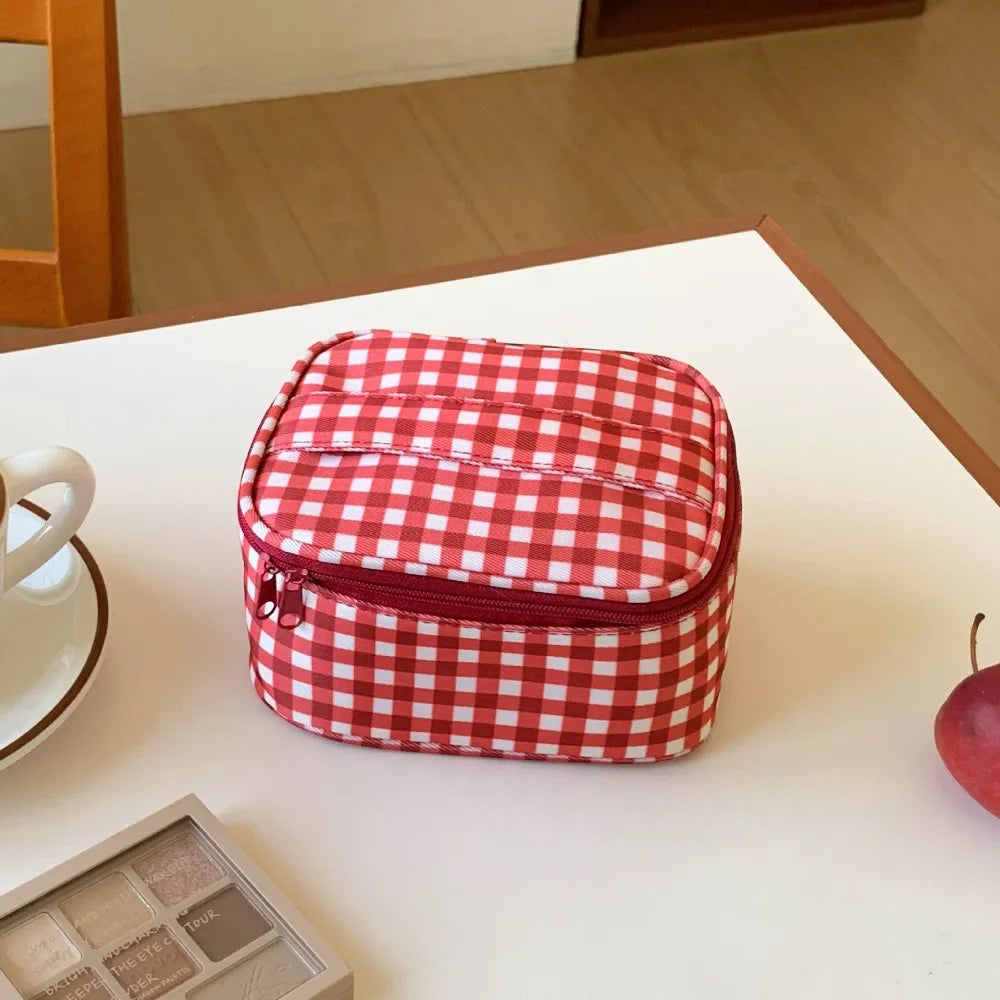 High Quality Red Grid Makeup Bag Multi-size Portable Toiletry Bag Cosmetic Pouch Women Cosmetic Bags & Cases