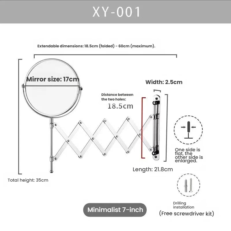 Stretchable Portable Hotel Bathroom Magnifying Makeup Mirror, Telescopic Folding Mirror, Self-Hanging Wall-Attached Double-Sided