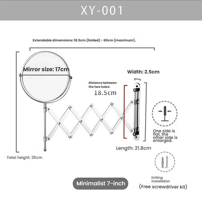 Stretchable Portable Hotel Bathroom Magnifying Makeup Mirror, Telescopic Folding Mirror, Self-Hanging Wall-Attached Double-Sided