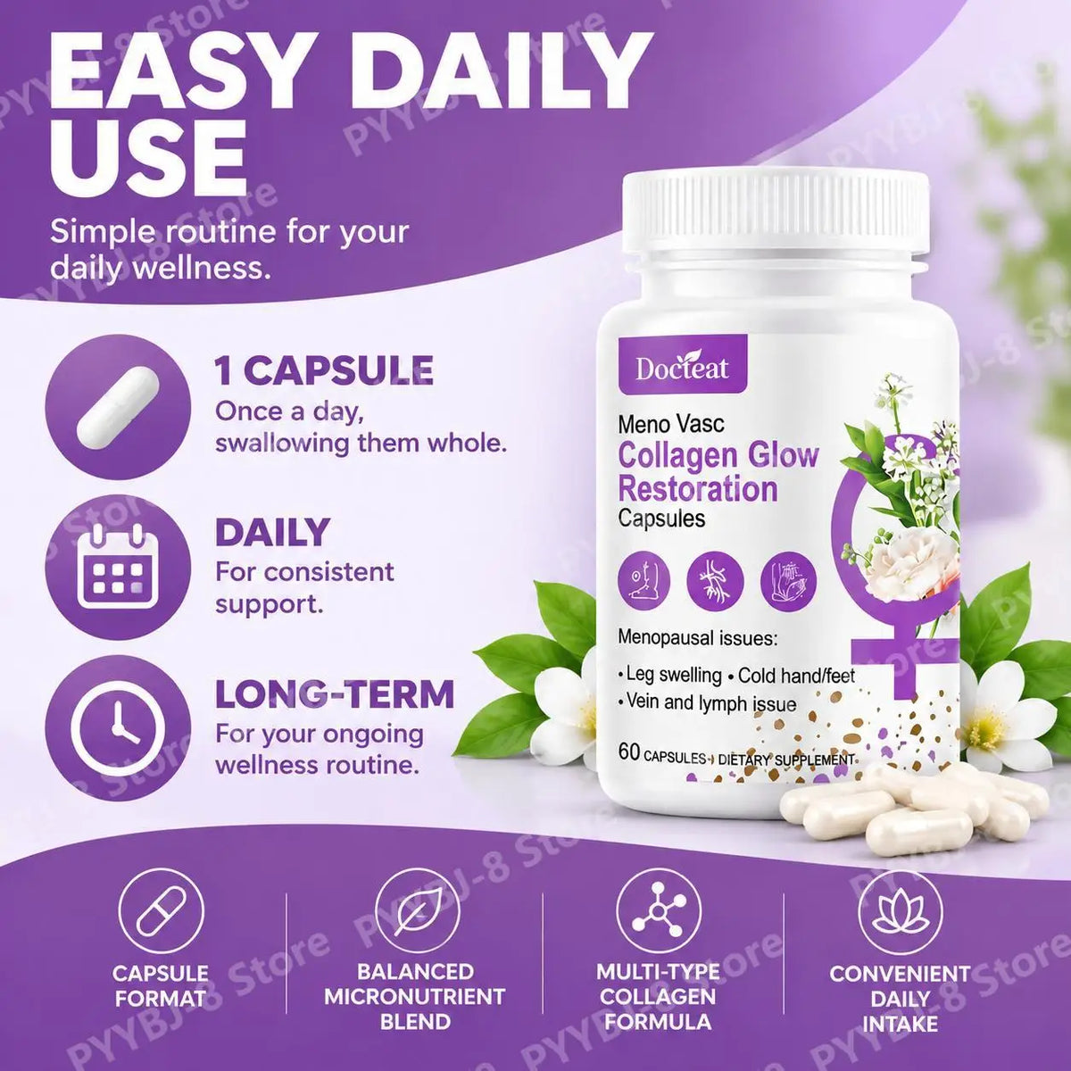 Collagen Glow Restoration Capsules, Boost Metabolism & Support Calorie Balance, Collagen Complex Hyaluronic Acid Magnesium 60Ct