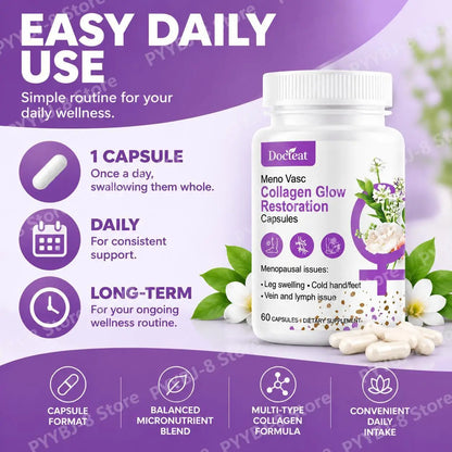 Collagen Glow Restoration Capsules, Boost Metabolism & Support Calorie Balance, Collagen Complex Hyaluronic Acid Magnesium 60Ct