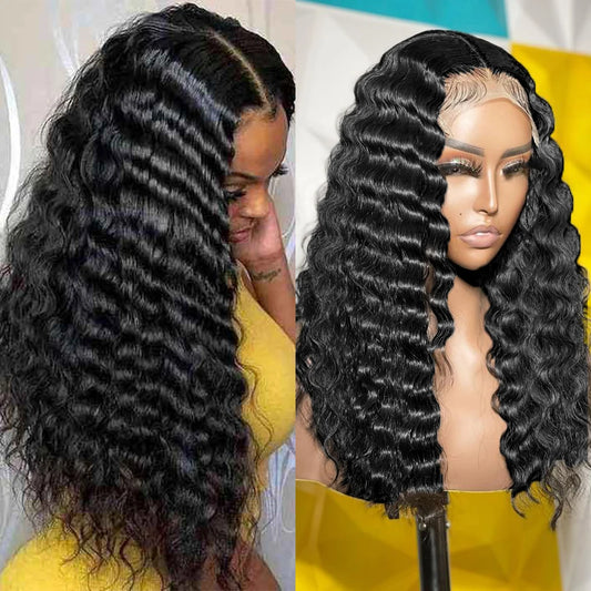 210 Density Deep Wave Human Hair Wigs 13x4 Transparent Lace Front Deep Curly Wigs Pre Plucked Virgin Raw Real Human Hair Wigs