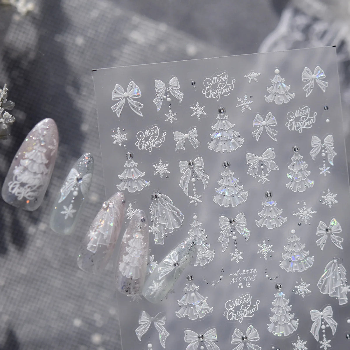 Winter Christmas 5D Nails Sticker White Lace Christmas Tree Bow Snowflake Pattern Self-Adhesive Nail Art Decorations Decals DIY