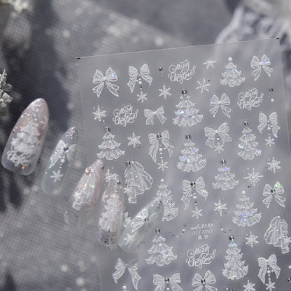 Winter Christmas 5D Nails Sticker White Lace Christmas Tree Bow Snowflake Pattern Self-Adhesive Nail Art Decorations Decals DIY