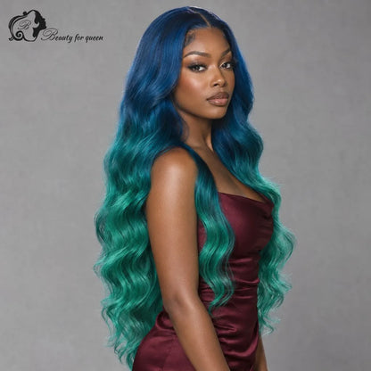 Middle Blue Green Ombre Body Wave Wig Mid Length Heat Friendly New Natural Colored Glossy Brazilian Bold Cosplay Extensions
