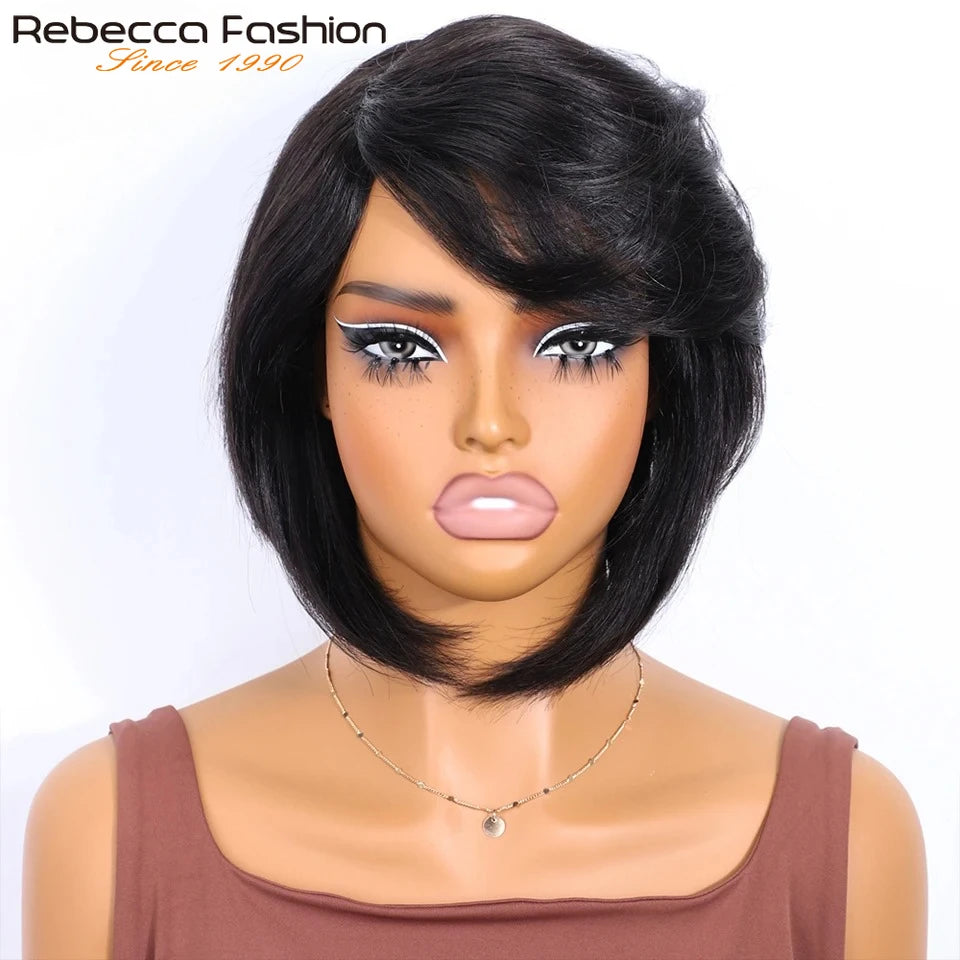 Rebecca Brazilian Short Straight Bob Human Hair Wigs With Bangs Full Machine Made Side Part Bob Human Hair Wigs For Black Women