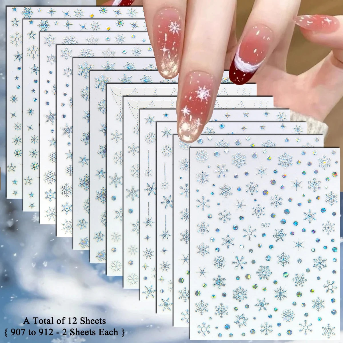 4 to 24 Sheets Xmas Snowflake Gold Silver Blue Holographic Self-Adhesive Winter Christmas Decor DIY Manicure Nail Art Stickers