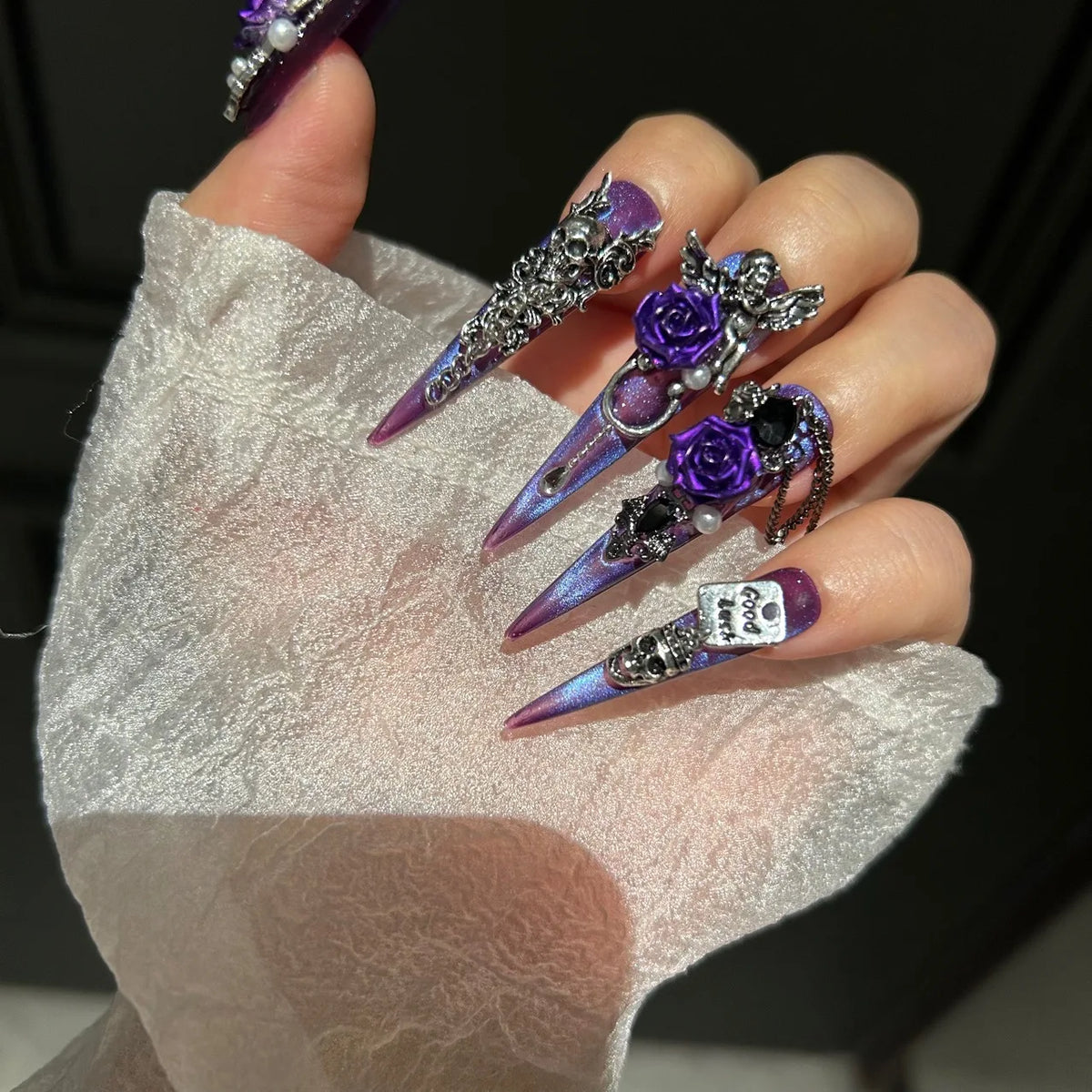 Gothic Dark Press On Nails Iridescent Purple Laser Resin Black Diamonds Multiple Sizes Left Right Hands Easy to Apply Reusable