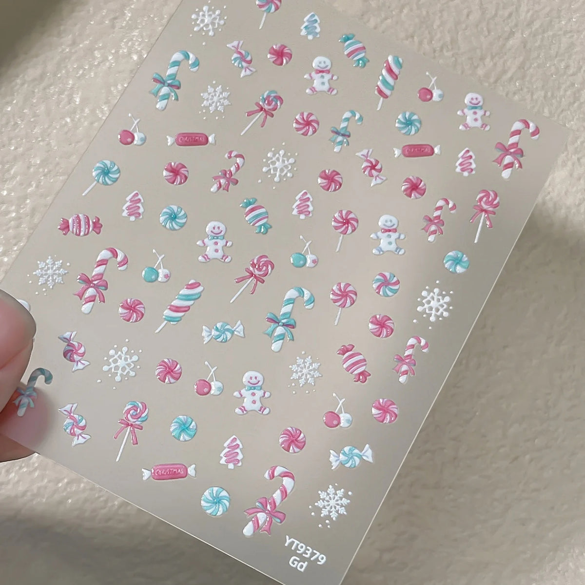 Cute Cartoon Christmas 5D Nail Stickers Red White Candy Cane Mint Cookie Gingerbread Man Snowflake Self Adhesive Nail Decals