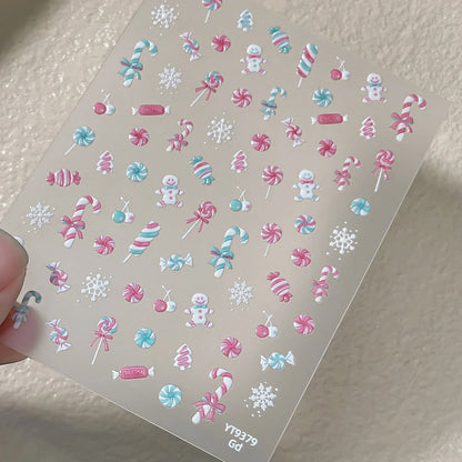 Cute Cartoon Christmas 5D Nail Stickers Red White Candy Cane Mint Cookie Gingerbread Man Snowflake Self Adhesive Nail Decals