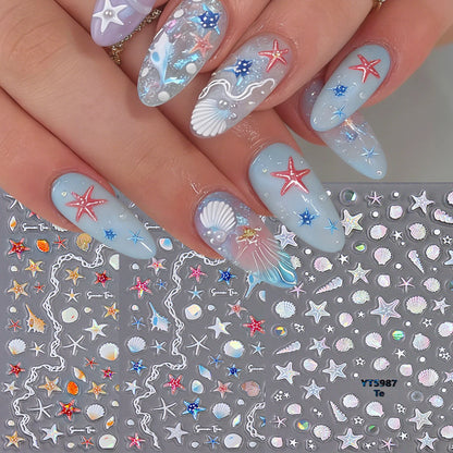 Ocean Aurora Embossed Seashell Nail Stickers - Summer Dreamy Seashell Glow Starfish Seashell Embossed Nail Stickers