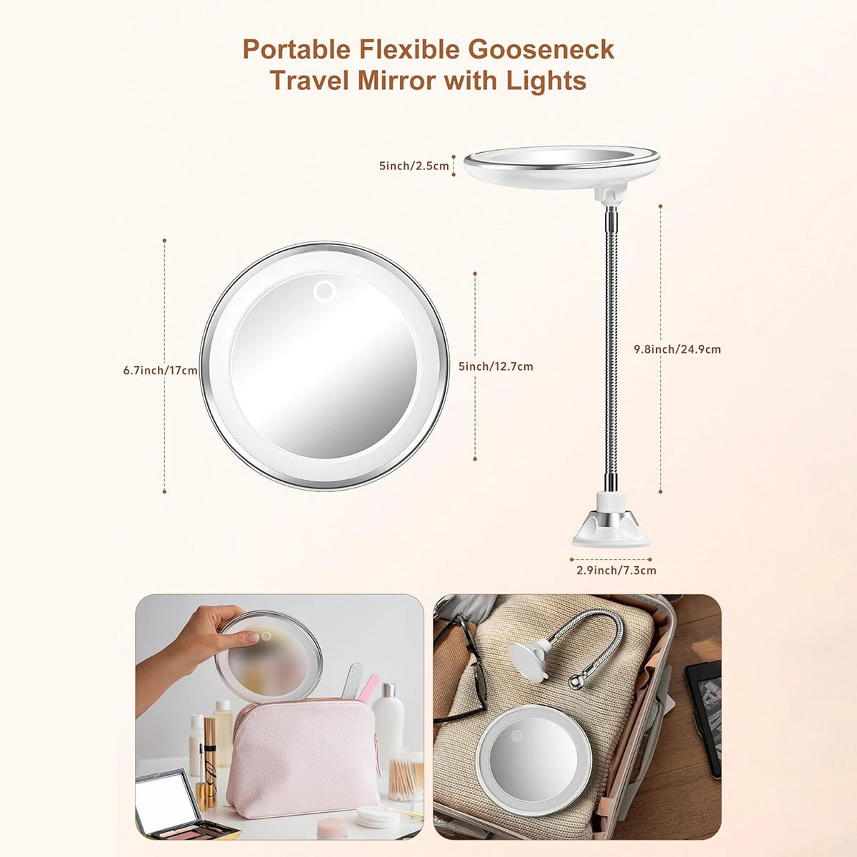 10X Magnifying Vanity Mirror with Light, Flexible Gooseneck Makeup Mirror, Battery Operated with Suction Cups & 3 Lighting Modes