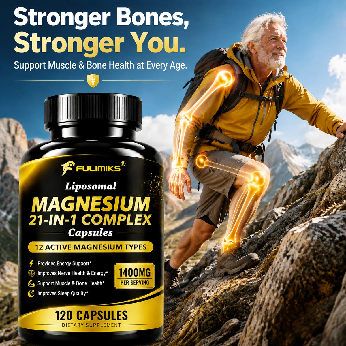 Magnesium 21-in-1 Capsules L-Theanine Ashwagandha CoQ10 B6 B12 D3 C Zinc, Support Nerve Relieve Stress Sleep Muscle Bone Health