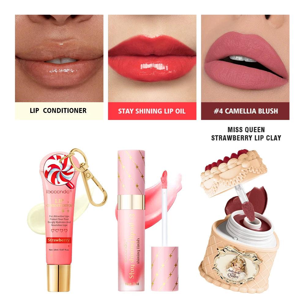 Christmas Limited 2‑in‑1 Lip Gift Set Strawberry Cake Mousse Matte Lip Mud Santa Red Velvet Pouch Lip Balm Lip Oil 7 Shades
