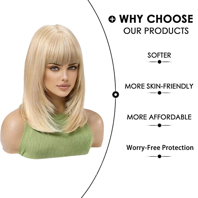 #613 Platinum Blonde Short Bob Wig with Bangs Natural Straight Shoulder Length Wig Heat Resistant Synthetic Daily Wear Full Wig