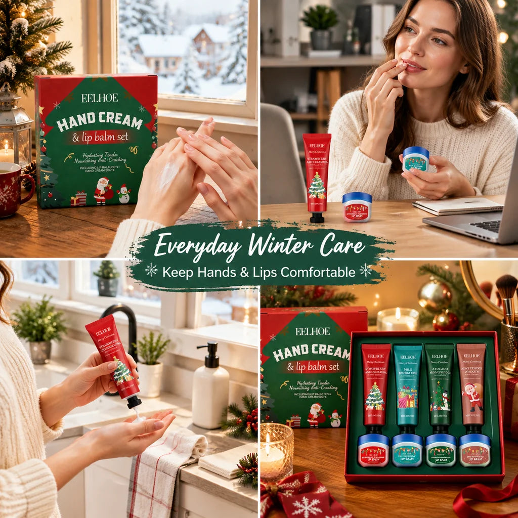 Christmas 8 Pcs Hand Cream and Lip Balm Gift Set Fruit Scented Moisturizing Nourishing Skincare for Women Travel Size 8 Pieces