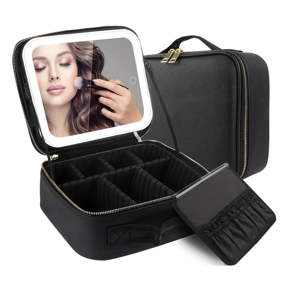 Makeup Bag with LED Mirror Travel Large Train Case Cosmetic Organizer Make Up Bags with 3 Color Lights and Adjustable Dividers
