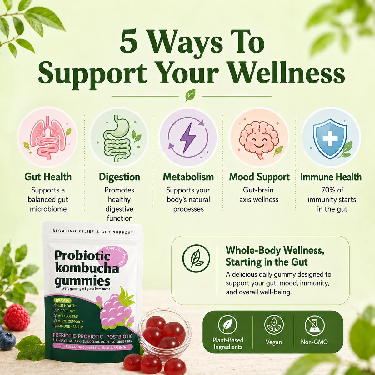 Probiotic Kombucha Gummies Berry 30 Ct Prebiotic Postbiotic Gut Health Digestion Bloating Relief Immune Vegan Non-GMO Supplement