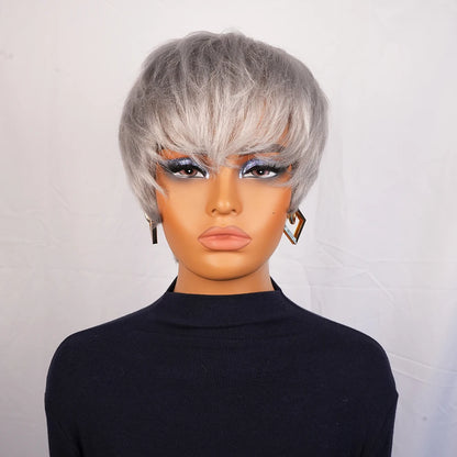 Short Gray Human Hair Wigs for Women with Bangs Layered Pixie Cut Wig Straight Hair with Machine Made Wig Bazilian Remy Hair