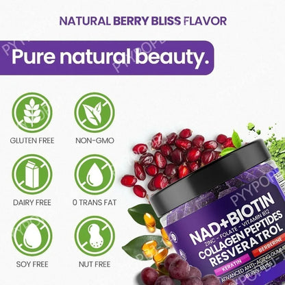 Biotin Collagen Gummies with NAD+ Resveratrol Vitamin D3 K2 Zinc Daily Beauty Wellness Supplement 60 Count Berry Flavor