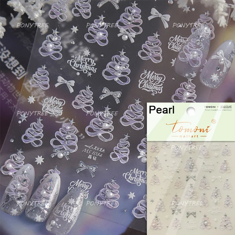Tender Blue Christmas Tree Hanging Ball Ribbon Gold Star Snowflakes Bowknot Ring Adhesive Nail Charms Art Sticker Manicure Decal