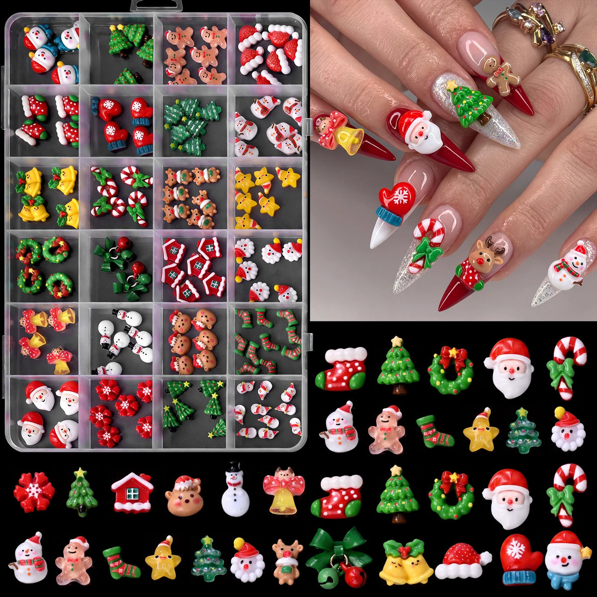12grid 3D Kawaii Christmas Nail Charms Cute Santa Claus Snowman Bell Stocking Elk Wreath Nail Gems Resin Xmas Manicure Carft D2$