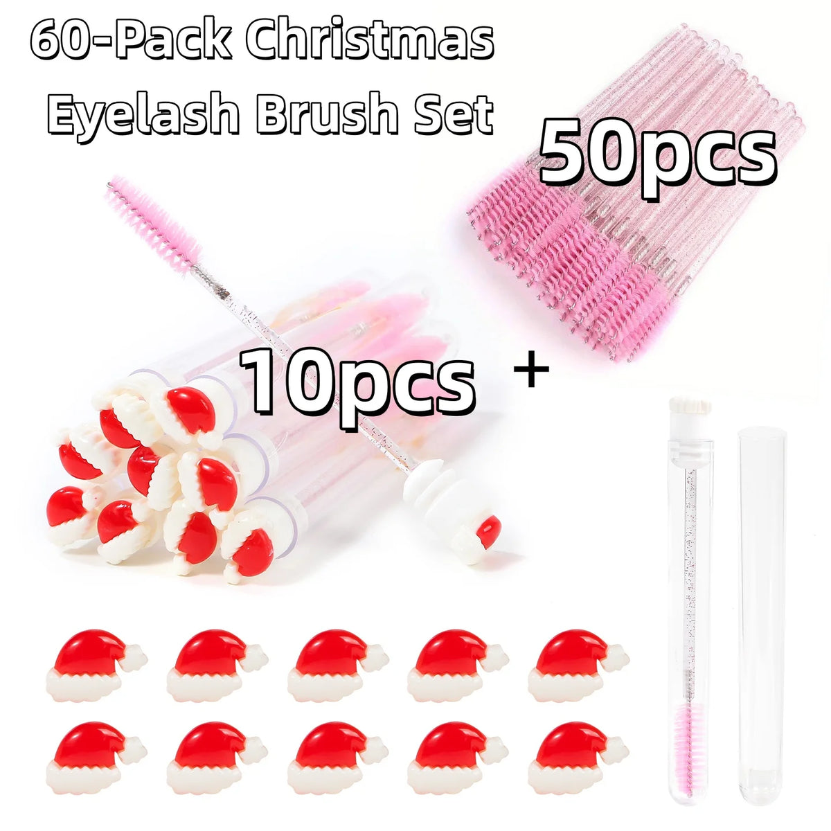 60Pcs Christmas Eyelash Brush with Tube Replaceable Mascara Wand Spoolie Dustproof Lash Tech Supplies Reusable Eyebrow Xmas Gift