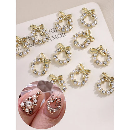 3D Christmas Nail Art Charms; Gold & Silver Bows and Wreaths; Cute Winter Designs for DIY Manicures and Salon Accessories