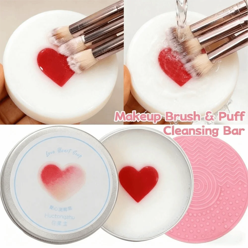 Deep Clean Makeup Brush Cleaner Soap Quick-Dry Heart Shape Cosmetic Sponge Cleaner Reusable with Silicone Mat Beauty Tool Washer