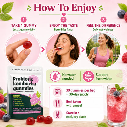 Probiotic Kombucha Gummies Every Gummy 1 Glass Kombucha Prebiotic Postbiotic Digestive Gut Health Vegan Berry Bliss 30 Gummies