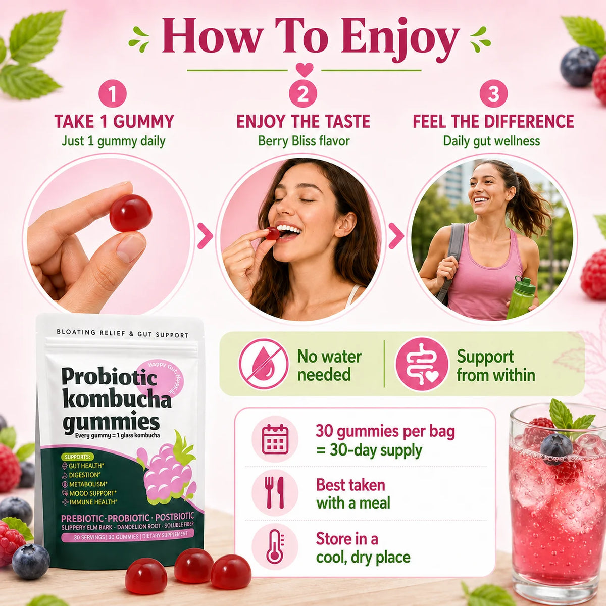 Probiotic Kombucha Gummies Berry 30 Ct Prebiotic Postbiotic Gut Health Digestion Bloating Relief Immune Vegan Non-GMO Supplement
