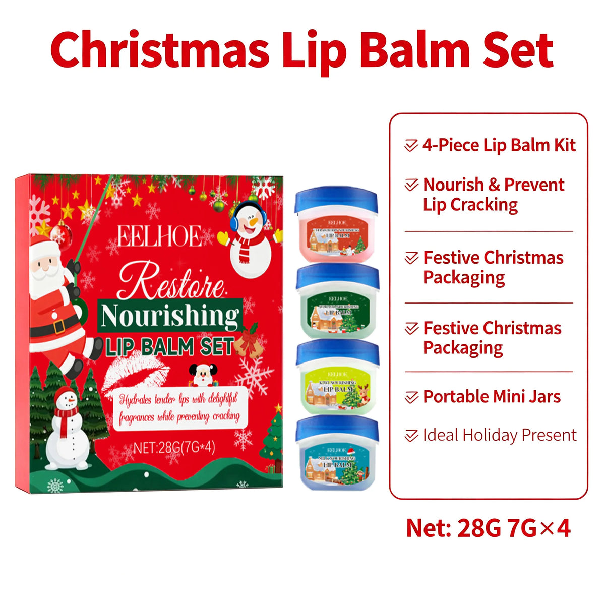 4pcs/kit Christmas Lip Balm Set Moisturizing Anti Cracking Hydrating Nourishing Plump Lips Lipstick Skin Care Christmas Box Gift