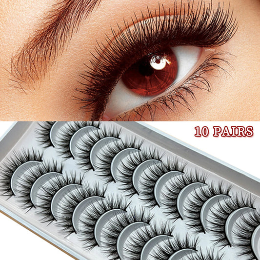 10 Pairs Natural Fluffy False Eyelashes Wispy Lashes 3D Volume Strip Lashes D Curl Fake Eyelashes with Clear Band Eye Lashes