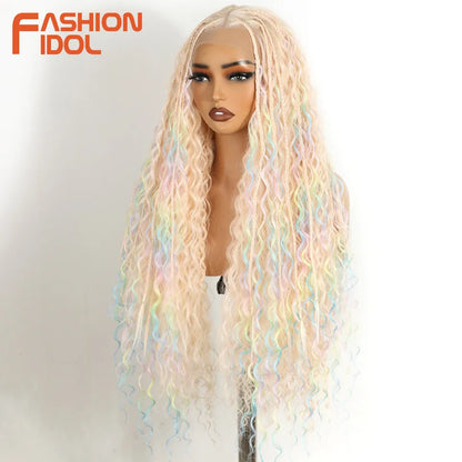 FASHION IDOL 13X4 Twist Box Braided Lace Wigs For Women Synthetic Lace Frontal Wigs Ivory White Faux Locs Goddess Braids Wigs