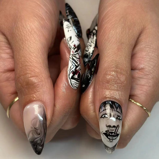 24pcs Black Spider Fake Nails Y2K Punk Style Girls Painted False Nails Full Cover Wearable Japanese Almond Press On Nails Tips