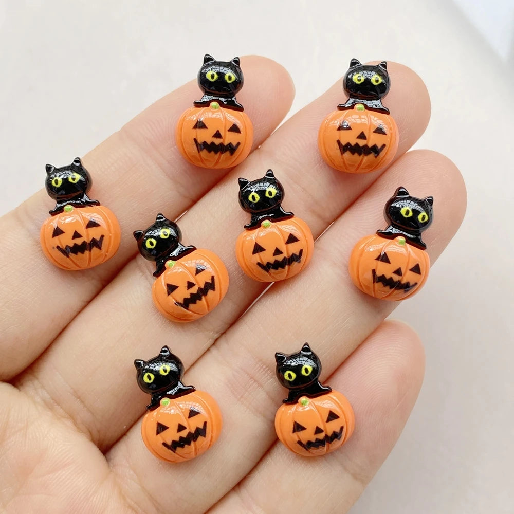 20Pcs Cute Cartoon Halloween cat, pumpkin, bat Nail Art Resin Designer Charms DIY Craft For Nail 3D Decorations Jewelry