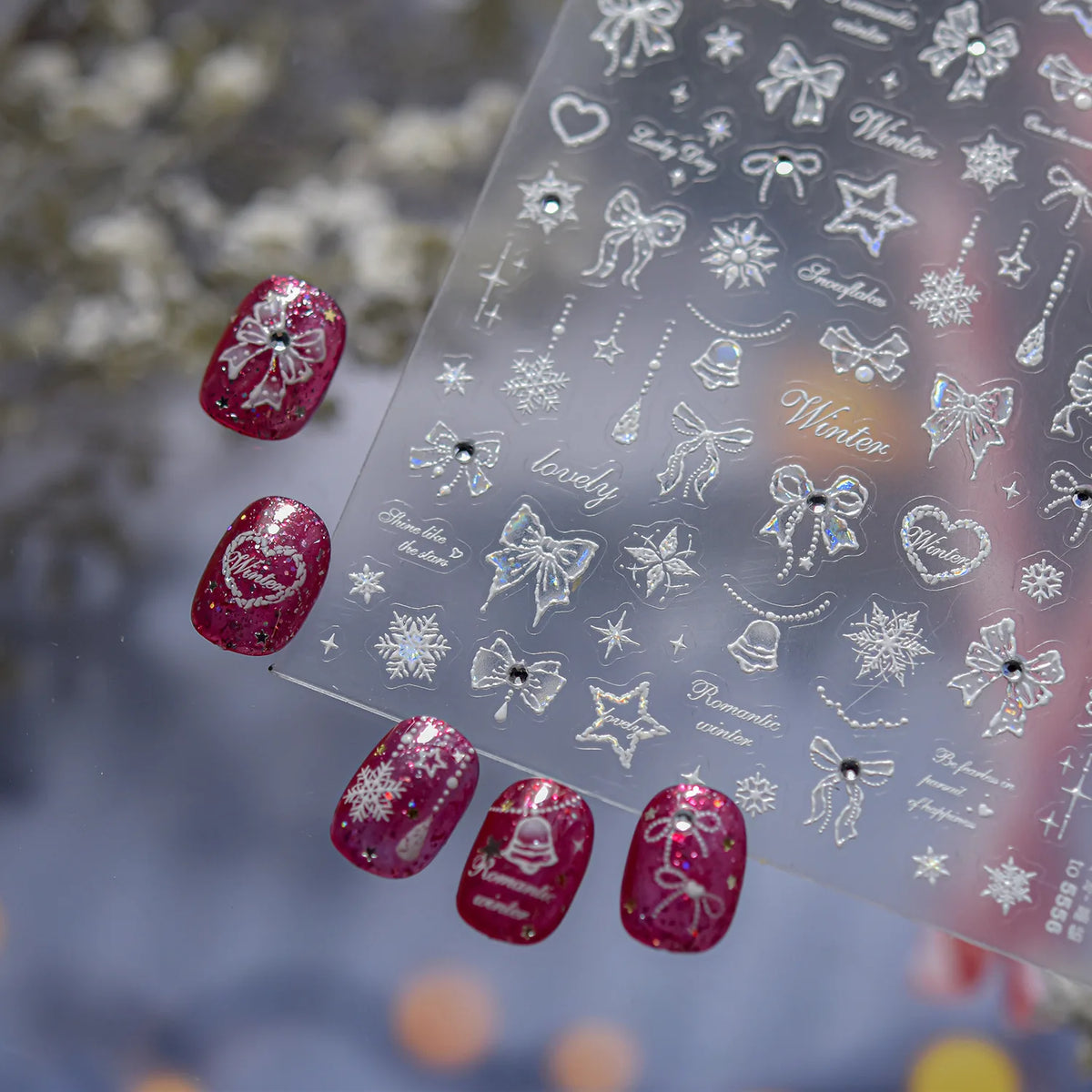 White Snowflake Red Bowknot Nail Art Sticker Adhesive High Quality Winter DIY Nail Art Decal Foil Decoration