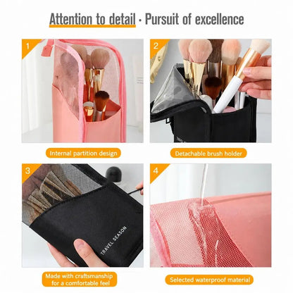 New Standing Makeup Brush Holder Bag 2 in 1 Travel Cosmetic Pouch Mesh Waterproof Portable Toiletry Storage Organizer