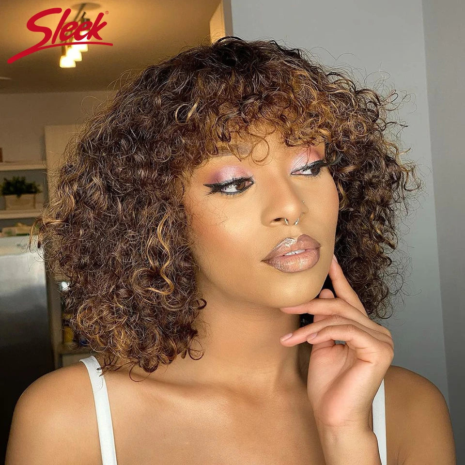 Brazilian Jerry Curly Short Bob Human Hair Wigs With Bang Wear To Go Glueless Wig Highlight Water Wave Blonde Wig For Women