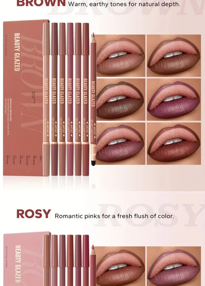 Beauty Glazed 6pcs Matte Nude Sponge Lip Liner Set  Long-Lasting Silky Waterproof Texture Multi-Function Makeup Pens