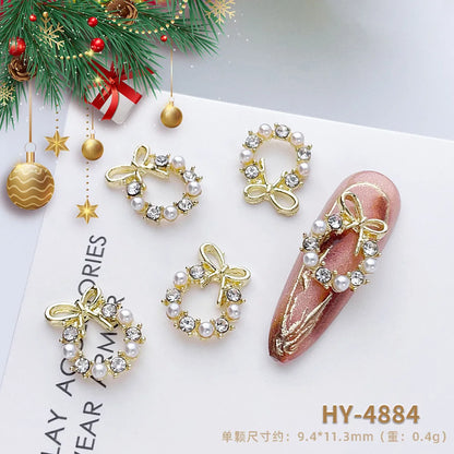 Luxury Christmas Wreath Nail Art Charms Pink Bow Pearl Diamond Gold Silver Alloy Nails 3D Decoration Jewelry for Manicure Design