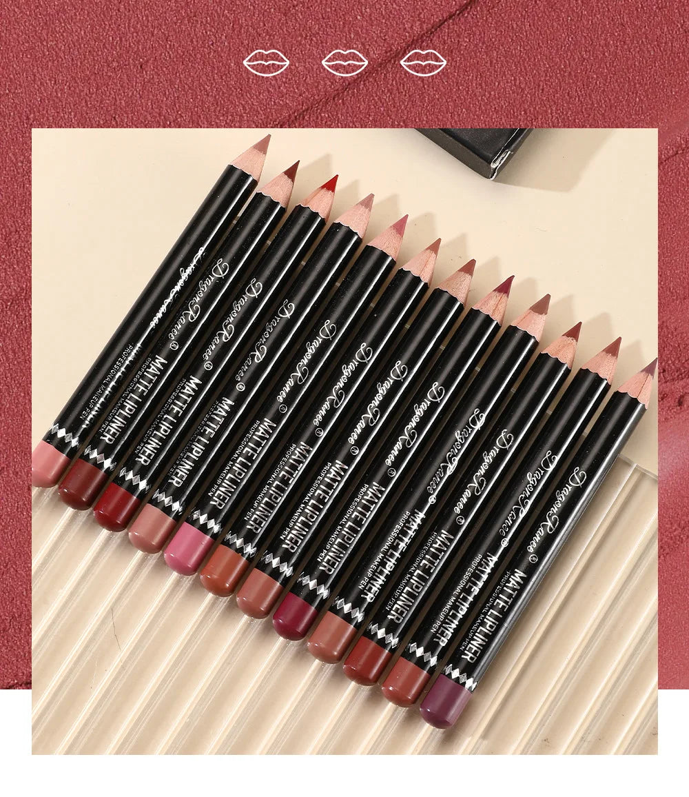 Long Lasting Matte Lip Liner 12 Colors Set Waterproof High Pigment Nude Wooden Pencil Lip Makeup Kit for Daily Use