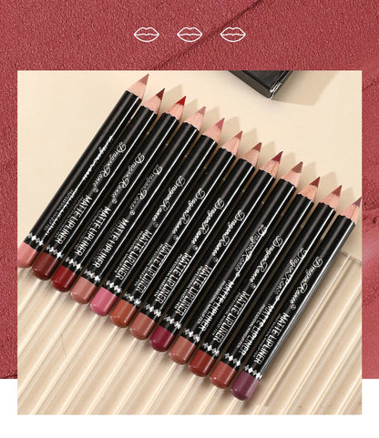 Long Lasting Matte Lip Liner 12 Colors Set Waterproof High Pigment Nude Wooden Pencil Lip Makeup Kit for Daily Use