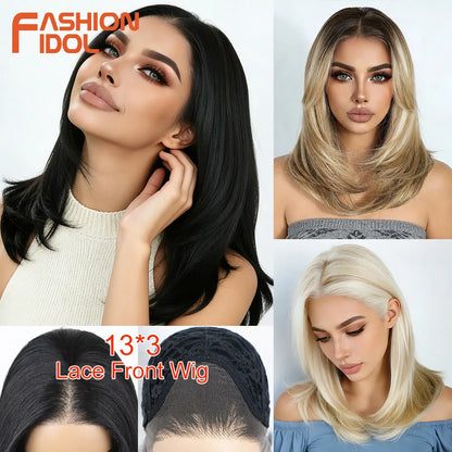 FASHION IDOL 16 Inch 13x3 Lace Front Wigs Synthetic Straight Hair Layered Ombre Brown Free Part Pre-Plucked Bob Wigs for Women